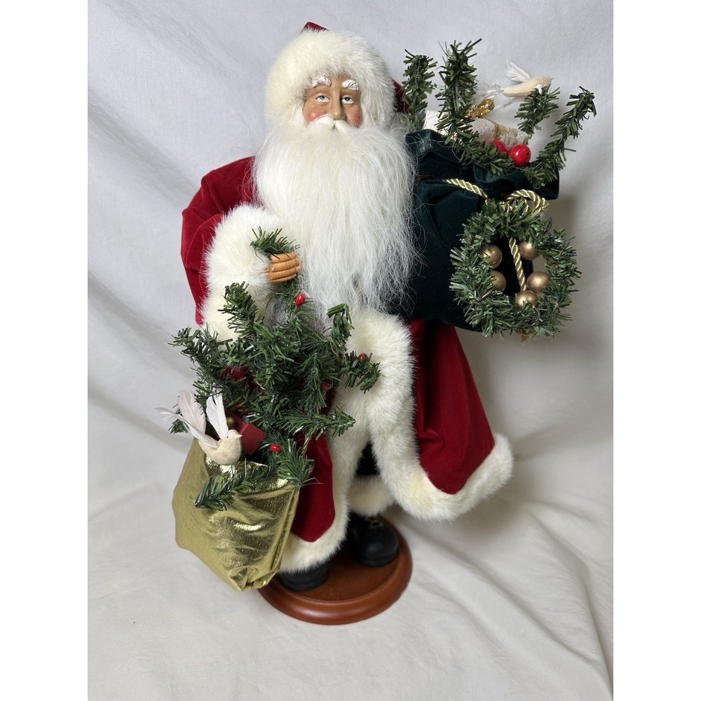 17" Traditional Santa Figurine Resin Face Red Velvet Wood Base